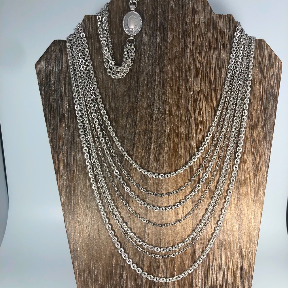 Vintage Avon Silver Tone 7 Strand Chain Necklace And Bracelet Set